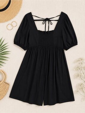 GAP Black Puff Sleeve Square Neck Mini Dress Smocked Back Size Medium